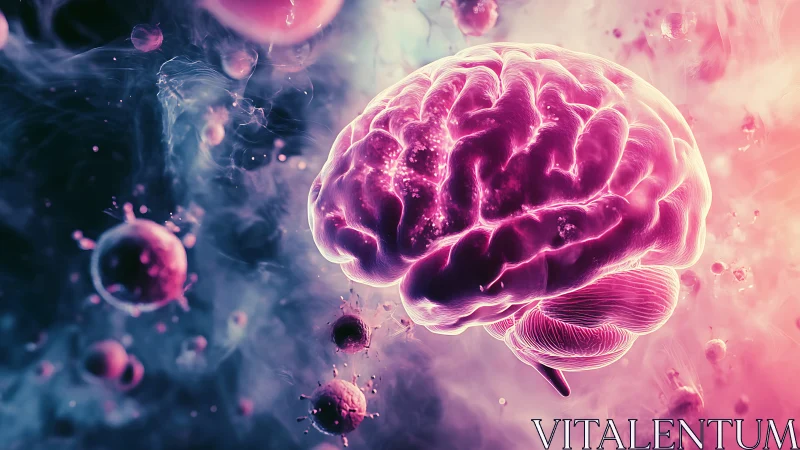 Glowing human brain in abstract pink and blue nebula field.