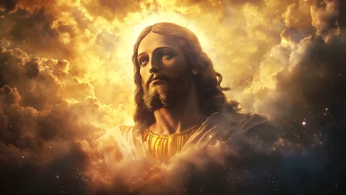 Radiant heavenly figure emerges gently from glowing clouds