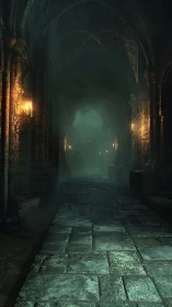 Gothic stone corridor with volumetric fog and torchlit decay