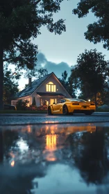 Yellow sports coupe at dusk before lit suburban house, reflections