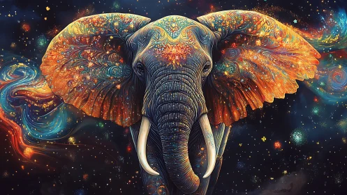 Celestial elephant with glowing rainbow wings of stardust.