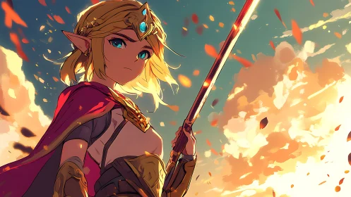 Elf warrior princess raises glowing sword at sunset sky.