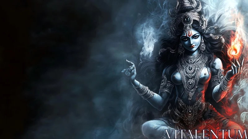 Dark goddess avatar wreathed in smoke and elemental fire.