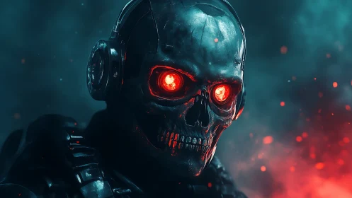 Cybernetic skull soldier glares through blazing neon smoke