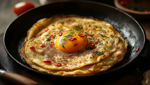 Sunny egg-topped crepe stack in a cozy cast-iron skillet.