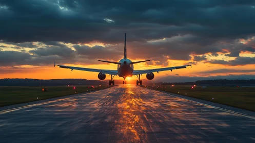 Airliner aligns on wet runway centerline under backlit sunset sky