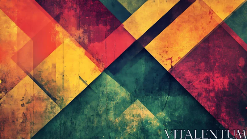 Vibrant geometric abstract art with textured vintage overlay.