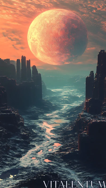 Crimson moonrise above alien canyon rivers of forgotten light.