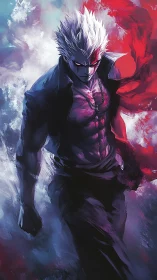 Stormborn antihero strides through crimson-blue chaos.