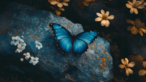 Blue morpho butterfly on textured stone with surrounding flowers.