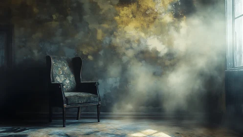 Wingback chair in volumetric light within decayed interior.