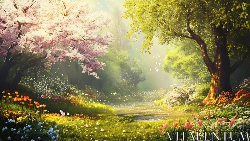 Spring forest pond scene shows dense blossoms and soft light