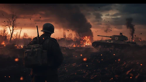 Lone soldier surveys burning battlefield under bloodred sky.