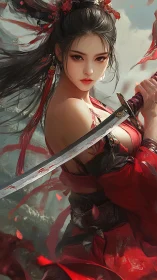 Scarlet blade maiden poised within storm-tossed petals.