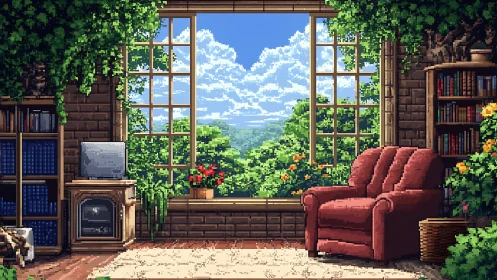 Pixel art reading room with garden window view.
