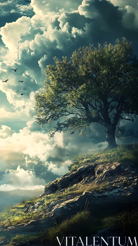 Lone hilltop tree trades secrets with the swollen sky