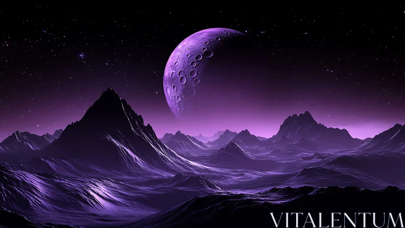 Lunar titan rising over neon violet alien mountain seas.