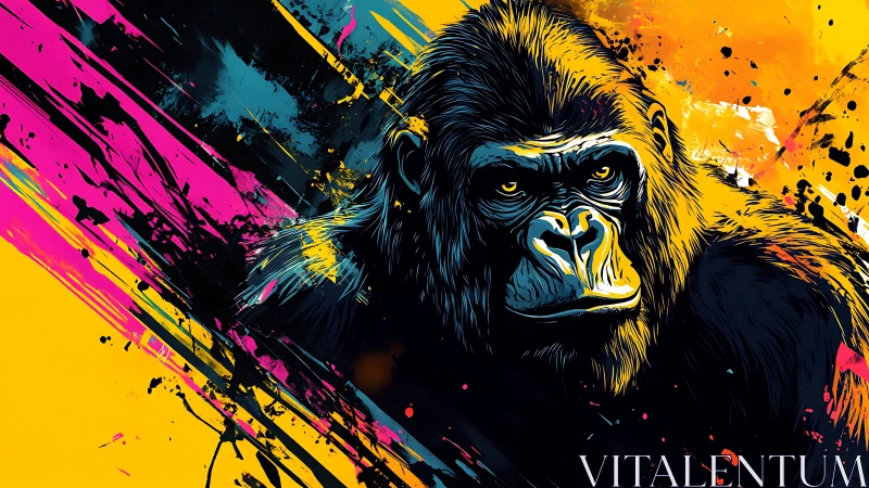 Gorilla portrait explodes through neon splatter graffiti field.