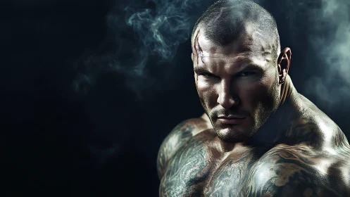 Low-key portrait of scarred muscular man in dramatic chiaroscuro.