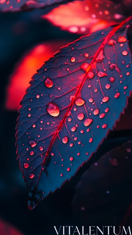 Glistening leaf holds jewel-like raindrops in vivid twilight