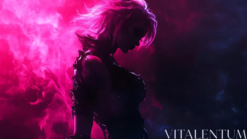 Neon mist crowns the brooding warrior queen in shadow