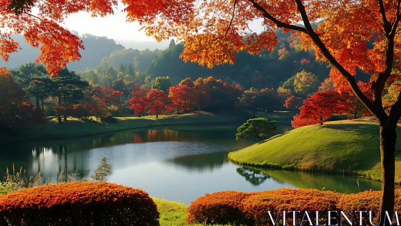 Autumnal lakeside landscape with high-saturation foliage and soft backlighting
