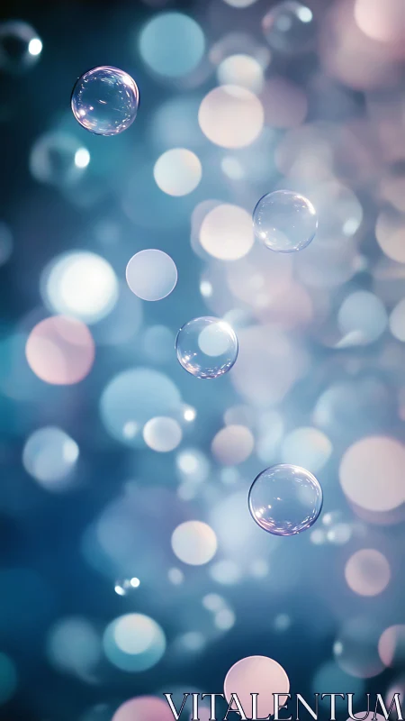 Soap bubbles float against defocused blue bokeh lights