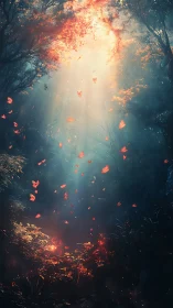 Enchanted forest shaft illuminates ascending scarlet butterflies