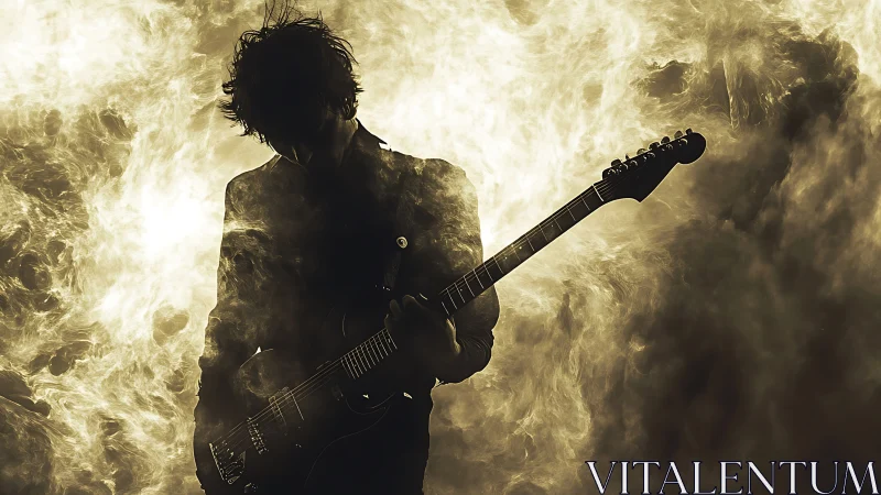 Silhouetted electric guitarist framed by swirling smoke.
