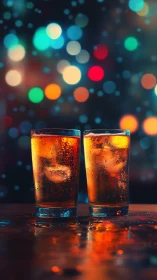 Two glasses of cola with ice on reflective surface.