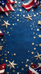 Golden stars sparkle around bold patriotic ribbons in blue