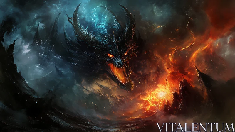 Volumetric-lit demonic dragon head dominates turbulent fiery storm