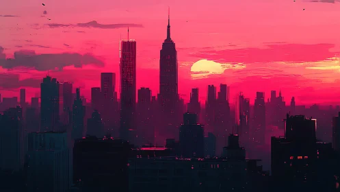 Pink and red digital skyline at sunset over tall city towers.
