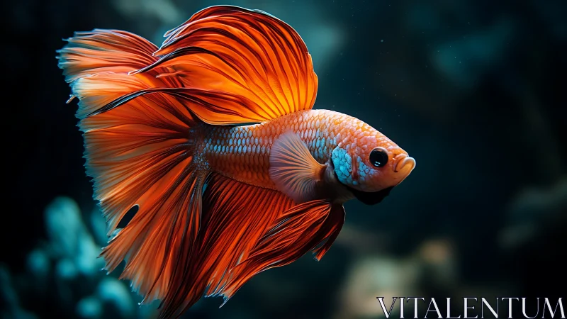 Betta fish portrait with vivid orange fins in dark water.