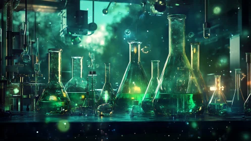Luminous emerald chemistry lab with reflective glassware.