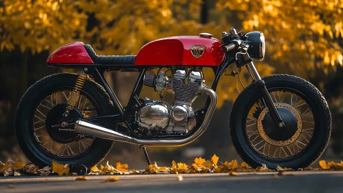 Red cafe racer motorcycle on road amid autumn foliage.