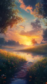 Sunset light illuminates river, meadow grasses and distant trees