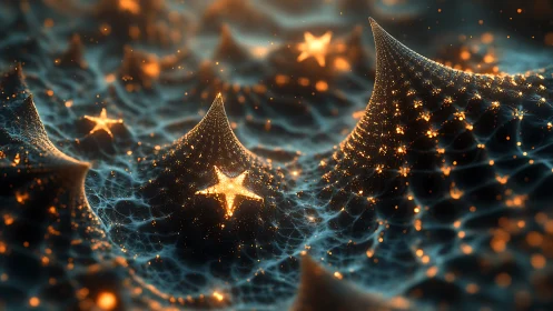 Stellar meshes curve through glowing abstract cosmic field.