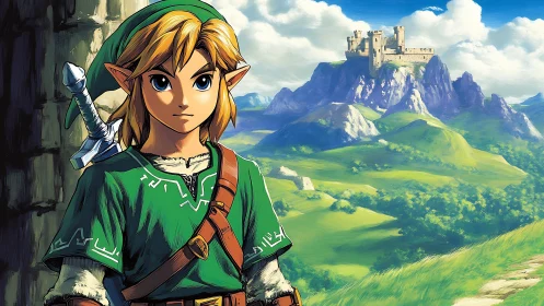 Elf warrior stands before distant hilltop fortress landscape