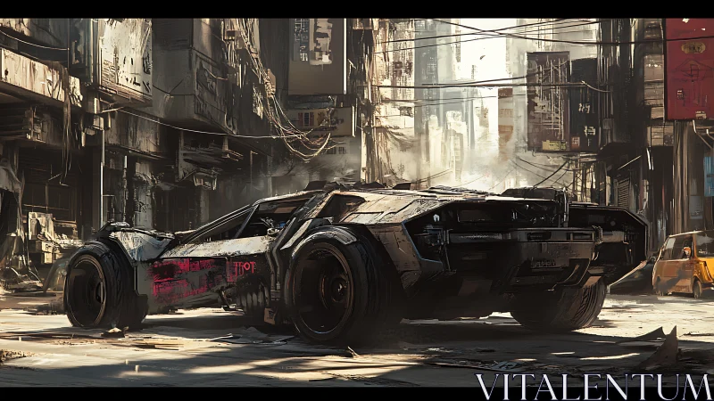 Cyberpunk interceptor car in decayed neon-lit megacity street.