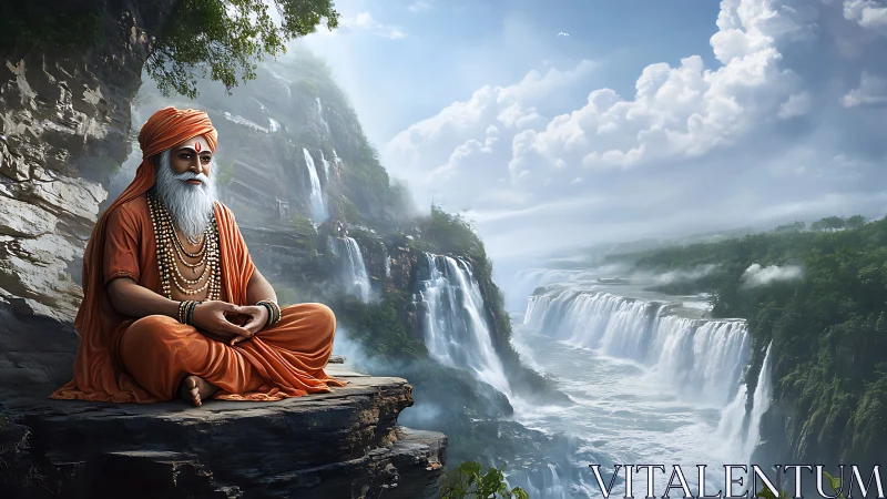Serene sage in orange robes quietly overlooks vast waterfalls