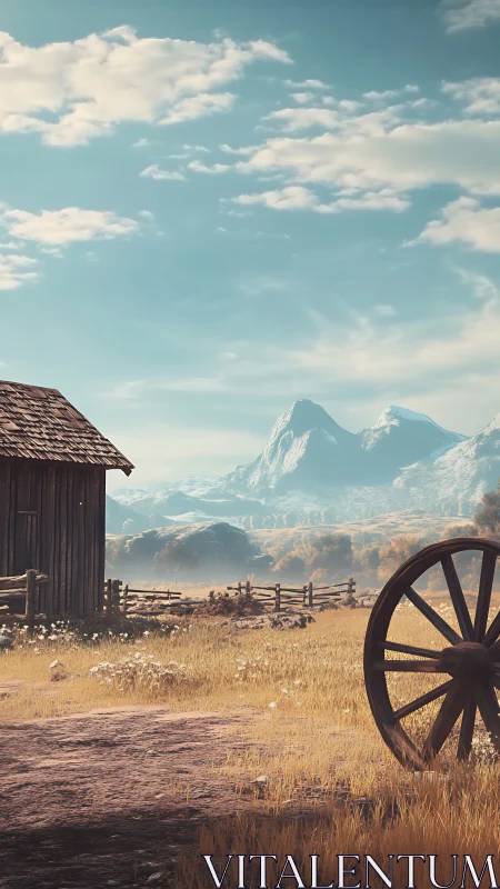 Sunlit wagon wheel reminisces beneath distant blue peaks