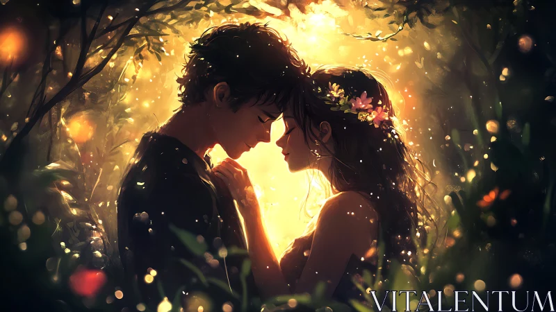 Couple in Luminous Forest Clearing at Golden Hour.