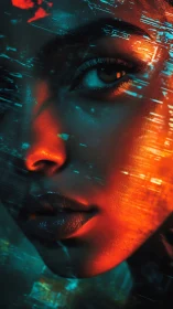 Cyberpunk portrait in neon bicolor glitch illumination design.