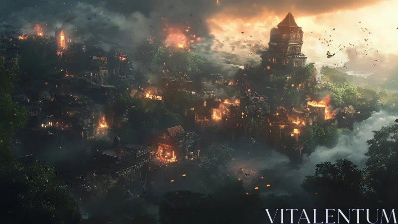 Ancient jungle city burns beneath storm-lit, smoke-choked skies