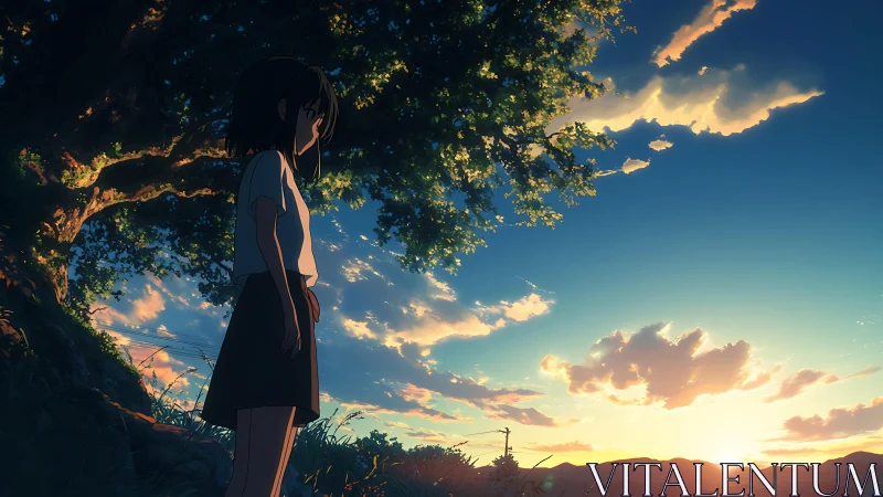 Solitary girl under luminous tree at radiant sunset sky.