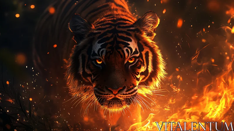 Tiger strides through blazing embers in dramatic rim light.