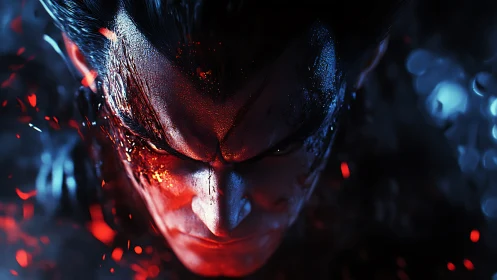 Cinematic close-up renders a battle-scarred, glowing warrior face