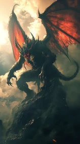 Infernal winged demon towering above stormlit clouds.
