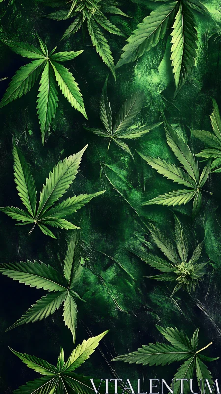 Cannabis leaves arranged on textured dark green abstract background